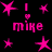 Pixelated pink text and star shapes on black background, with repeated 'mike' text and heart symbols above exclamation marks.