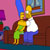 Pixelated cartoon character with yellow skin, blue hair, white shirt, and green pants stands in a room with pink walls and brown furniture.