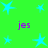 Green background with cyan stars and purple "jes" text in four corners.