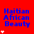 Red background with blue text reading "Haitian African Beauty" and white star icons in varying quantities per