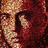 Pixelated close-up of a person's face with light skin tone, dark hair, and visible eye details against a red-toned background.