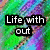 Pixelated image with green and purple background displaying text fragments: 'Life without out', 'a friend is death without', 'a witness'.
