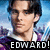 Pixelated portrait of a person with dark hair and light skin, wearing a white-collared shirt under a purple garment against a blue background.