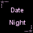 Pixelated text 'Date' and 'Night' in light purple on black background with small star icons, arranged in a pattern