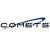 Pixelated text 'comet' in dark gray and blue tones on a white background, with a blue curved line above the text.
