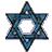 Three static star-shaped symbols with interwoven lines in blue, purple, and pink arranged vertically on a light gray background.