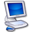 Pixelated icon of a white desktop computer with blue screen and mouse on gray background.