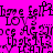 Pixelated text repeats across a bright pink background with black and purple lettering, showing partial phrases like 'I love fell', 'LOV3', 'ce AG 3j', and 'that M3'.