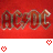 Red background with stylized 'AC/DC' text and pixelated heart icons in white border.