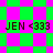 Pixelated green and pink checkered background with repeated text "JEN <333" in dark brown, showing animation changes in background pattern and text alignment.