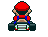 Pixelated character in red cap and blue overalls drives a black go-kart with green-accented engine, kicking up brown dust clouds on gray background.