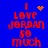 Blue background with red pixelated text reading "I LOVE JORDAN SO MUCH" and animated orange heart or star symbols appearing in different positions.