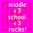 Pixelated text 'middle school rocks!' with four pink square borders on a bright pink background, animated to shift between two states.