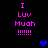 Pixelated text and heart symbols on black background with pink and blue elements.