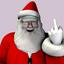Santa Claus figure in red suit with white trim, wearing a Santa hat and holding up middle finger gesture against light gray background.