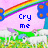 Pixelated rainbow arches over blue trees with orange spots, white sheep on green grass, and text reading Cry me a river in blue block letters.