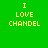 Green background with yellow text "I LOVE CHANDEL" in pixelated font, partially overlaid by light blue rectangular shapes.