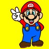 Pixelated cartoon character in red cap and blue overalls making peace sign against yellow background.