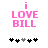 Pixelated pink text 'i LOVE BILL' above a of five black and gray heart icons on white background
