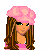 Pixel art contact sheet showing three frames of a pink-themed animated icon featuring a cartoon woman with brown hair, green eyes, and pink accessories including beret, sweater, handbag, and necklace against white background with pink polka-dot banner reading 'I LovePINK'