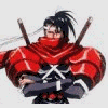 A character with black hair tied in a ponytail, wearing red armor and two swords on back, appears in multiple states of opacity.