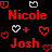 Red pixelated text 'Nicole' and 'Josh' on black background with heart symbols, some red and some gray.
