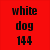 Red square background with black pixelated text reading 'white dog 144' in three centered lines.