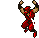 Pixelated character in red outfit with white sash performs dynamic poses including raised arms, sword swings, and mid-air jumps against gray background.