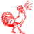 Red pixelated rooster icon with raised wing and tail feathers, standing on two legs against white background.