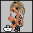 Pixelated doll with blonde braided hair crouching, holding a white handbag, wearing black and white patterned outfit, blue eyes, gray background.