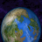 Pixelated globe showing blue oceans, green landmasses, and brownish terrain under a dark purple background.