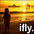 A pixelated sunset scene with a silhouetted figure standing on the left, facing water reflecting golden light, and "ifly." text in white block letters at bottom right.