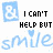 Pixelated blue icon with white symbol, black text "I CAN'T HELP BUT" above light blue cursive "smile" and small heart.