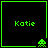 Four identical green-bordered black squares display "Katie" text with pixelated alien icons at bottom-right corners, each square showing a distinct alien design.