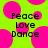 Bright green background with pink circular shapes and black pixelated text reading Peace Love Dance in two vertical