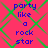 A static image with a bright pink background and green crisscross lines, displaying blue text that reads "party like a rock star" in two identical vertical sections.