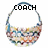Two pixelated oval icons with multicolored patterned borders; left displays 'COACH' text, right displays '= love' text.