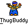 Pixel art contact sheet showing two frames of a thug-themed animated buddy icon with red text branding and gray background transparency.