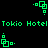 Green pixelated text and geometric shapes on black background, with repeating 'Tokio Hotel' text and four distinct square-based animations.