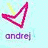 Animated icon with a stylized checkmark shape in varying colors above the text 'andrej' on a light blue background.