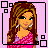 Pixel art contact sheet of a female character in pink dress across six frames showing full body, torso, legs, head, and text "monica" on light purple background with black square borders.