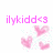 Pixelated pink text 'ilykidd<3' above three pixelated pink hearts on a white background with light blue speckles.