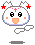 Pixelated character with white rounded head, red star hair clips, pink cross on forehead, black eyes, orange cheeks, and peach mouth; two white wing-like shapes extend from the side.
