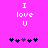 Pixelated text "I love U" on bright pink background with dark blue and purple heart icons below.