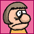 Pixelated cartoon character with brown hair and yellow shirt on pink background, showing three sequential facial expressions including squinting, eye-closing, and mouth-opening with blue object.
