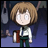 Pixelated anime-style character with brown hair and large white eyes holding a book, standing against a dark blue background with partial figures.
