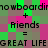 Pixelated text displays 'snowboarding + Friends = GREAT LIFE' repeated twice on a green and pink checkered background.