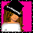 Pixel art contact sheet of a female character in four frames showing head, torso, legs, and text "KISS ME IN THE RAIN!" on bright pink background with black dotted border.