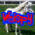 A pixelated image shows a white horse standing on green grass with a blue and red text overlay reading 'Whispy' in bold, stylized letters.