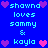 Blue background with cyan text and pink/purple hearts repeating 'shawn', 'kayla', 'sammy' in a pattern